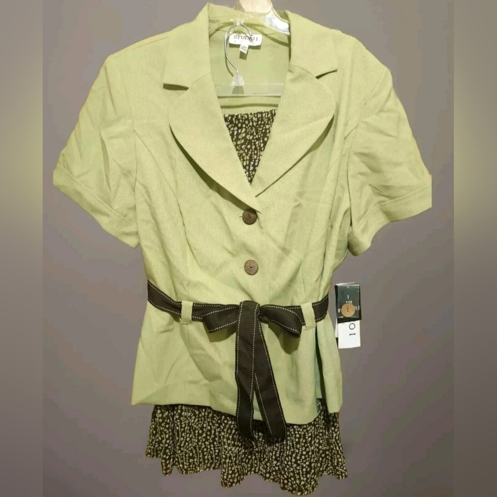 NWT Studio I 2-piece Dress Green & Brown Womens Sz 24 Woven Top Chiffon Skirt